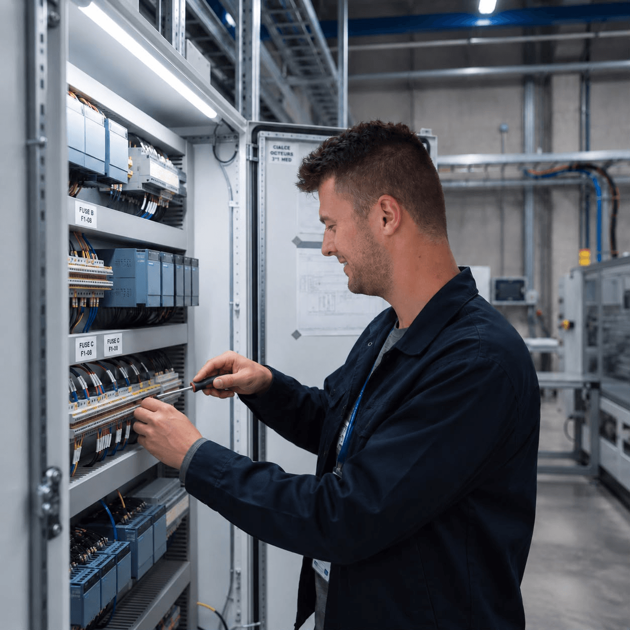 Industrial control panel with organized wiring and PLC modules